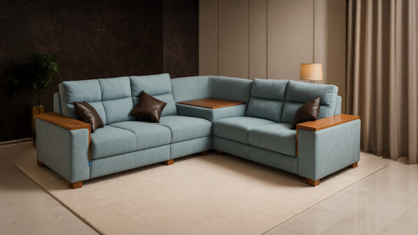 Elite Smart L-Shape Sectional Sofa – Sky Blue Fabric with Built-in Table